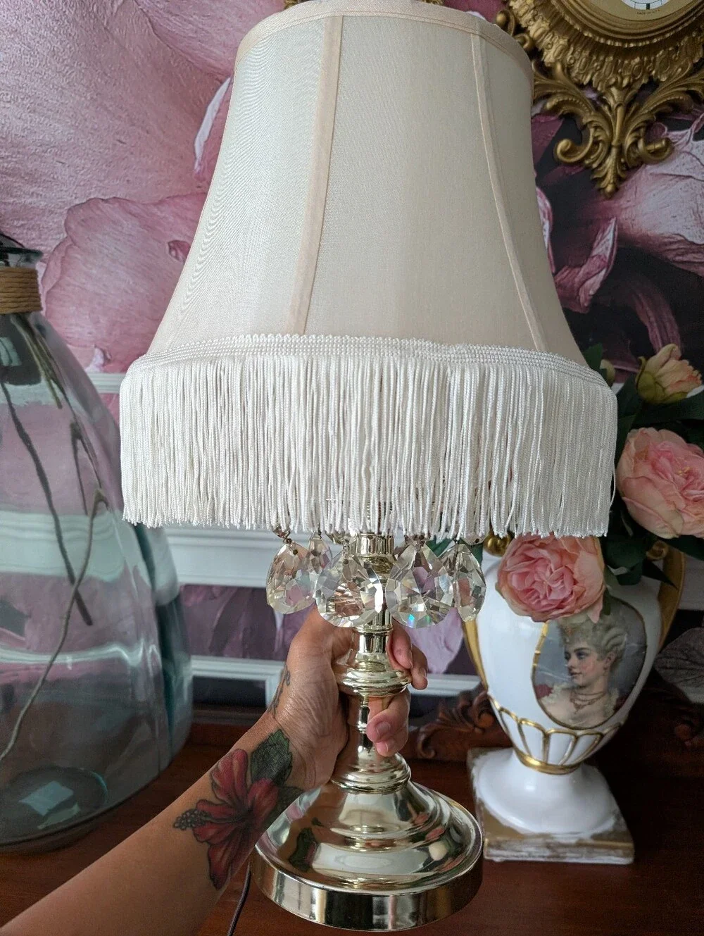 VTG, Set of 2, Regency Crystal Prism Accent, Polished Gold Metal Column LampS